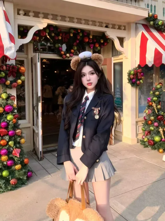 迪士尼穿搭学院风韩式jk制服套装学姐减龄小个子百褶裙西装短外套