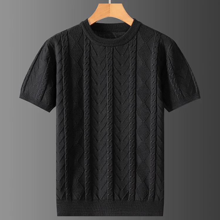 纯色新款毛衣针织衫短袖秋冬加大半袖毛衫男士保暖打底圆领线条衣