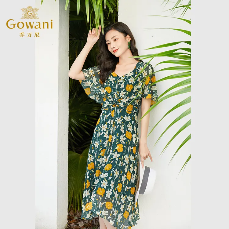 Gowani/乔万尼真丝连衣裙桑蚕丝绿色印花显白显瘦夏季裙子EF2E317