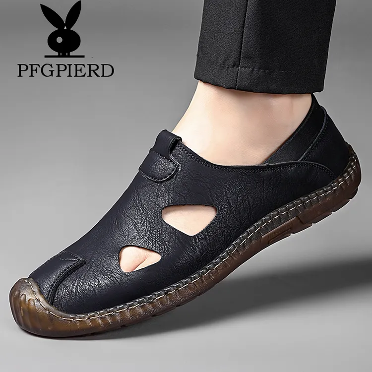 正品男士夏季透气镂空休闲皮鞋男包头防滑软底爸爸鞋软底洞洞鞋