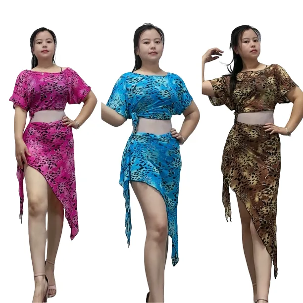 2024新款春夏肚皮舞练功服大码练习演出纱短装网服印花显瘦套裙