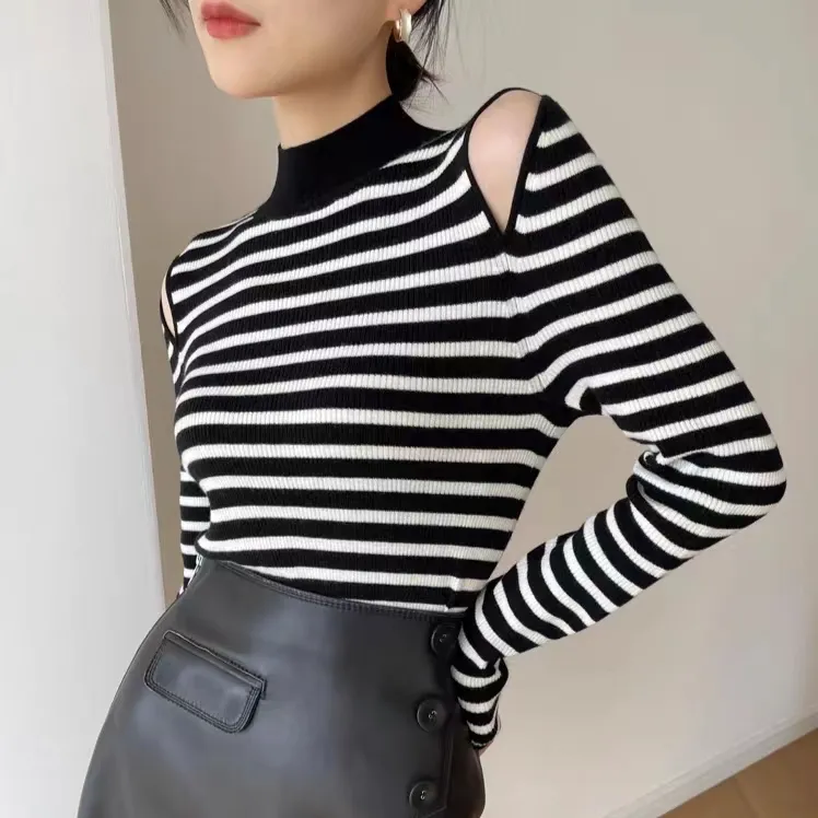 Kk时尚半高领露肩条纹针织衫羊毛女士秋季毛衣修身套头打底显瘦