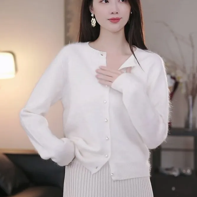 【李李专属】2023秋冬新款百搭显瘦圆领山羊绒拉绒珍珠开衫