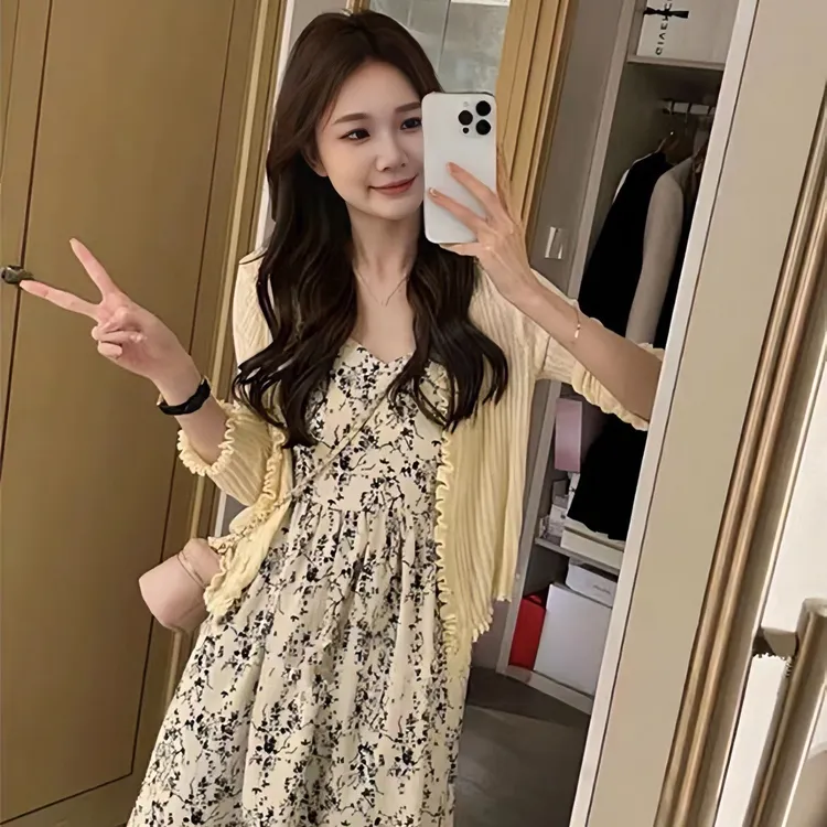 夏时尚气质温柔碎花收腰裙遮肉显瘦荷叶边开衫v领拼接吊带连衣裙