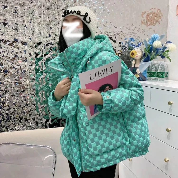 棋盘格羽羽外套冬季加厚宽松连帽外套女