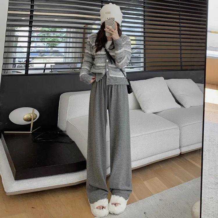 灰色窄版糯米阔腿裤女秋冬季加绒2025新款高腰垂感直筒加厚休闲裤