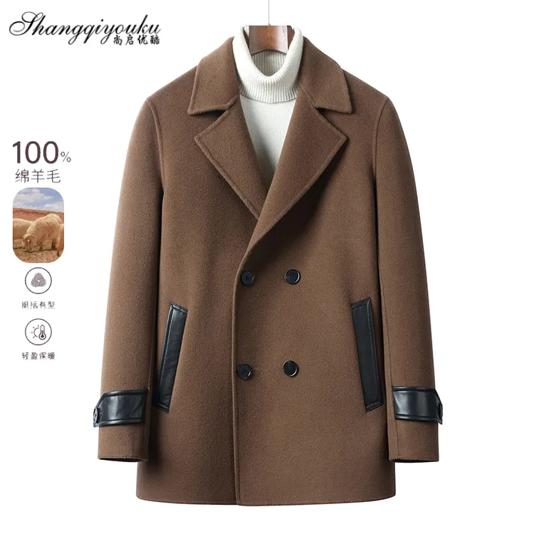 男士100%羊毛双排扣双面呢拼接绵羊皮夹克休闲毛呢韩版修身外套