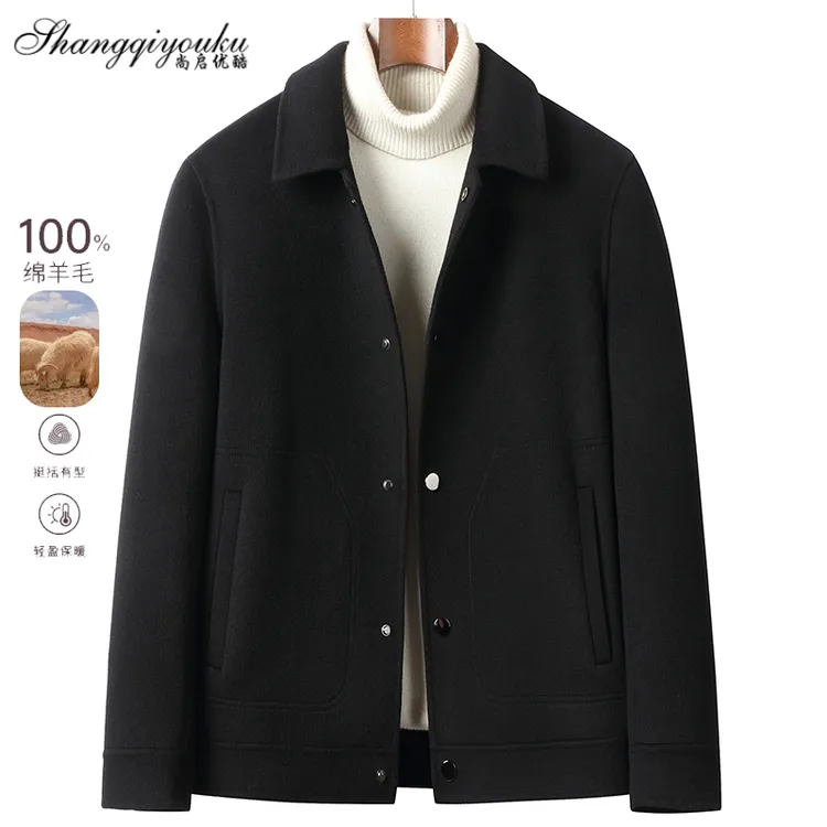 男士100%羊毛短款夹克休闲翻领商务修身双面呢子毛呢按扣男装外套
