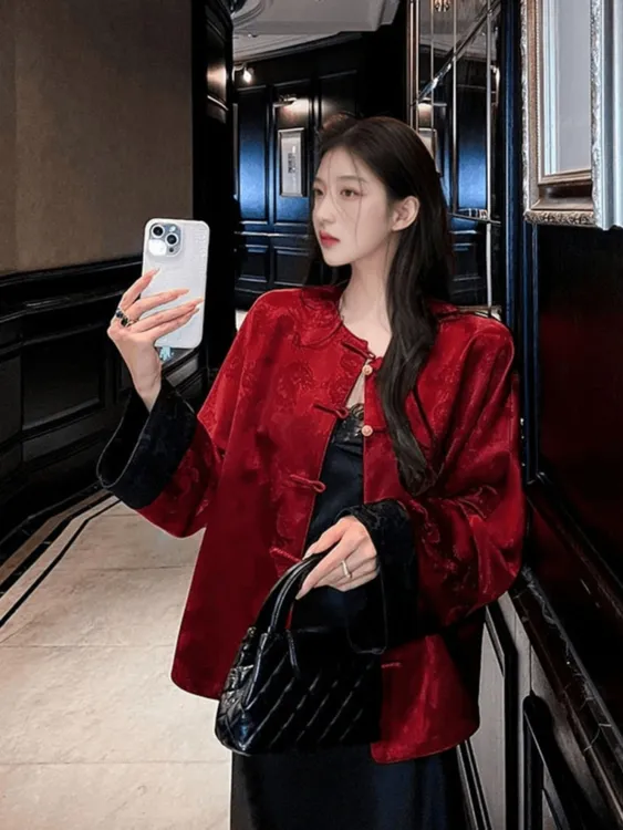 新中式气质提花纯色外套女2025秋季新款高级感拼色国风盘扣上衣女