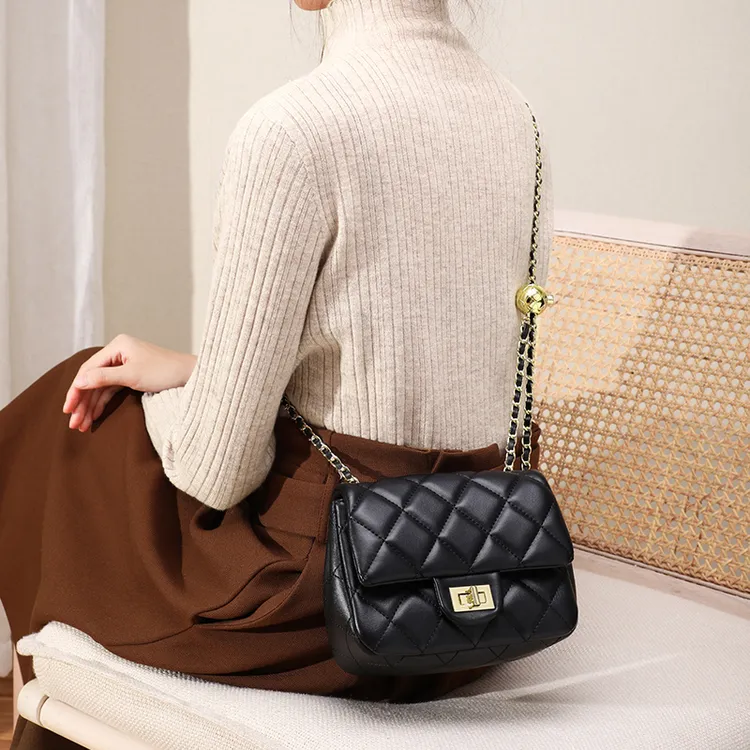 小香风包包真皮女包斜挎包时尚链条包小高级感新款菱格包洋气百搭