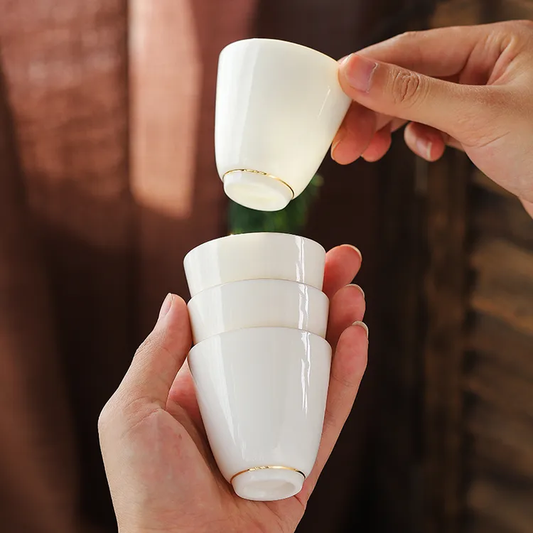 德化羊脂玉白瓷品茗杯描金功夫小茶杯家用喝茶杯陶瓷泡茶客杯