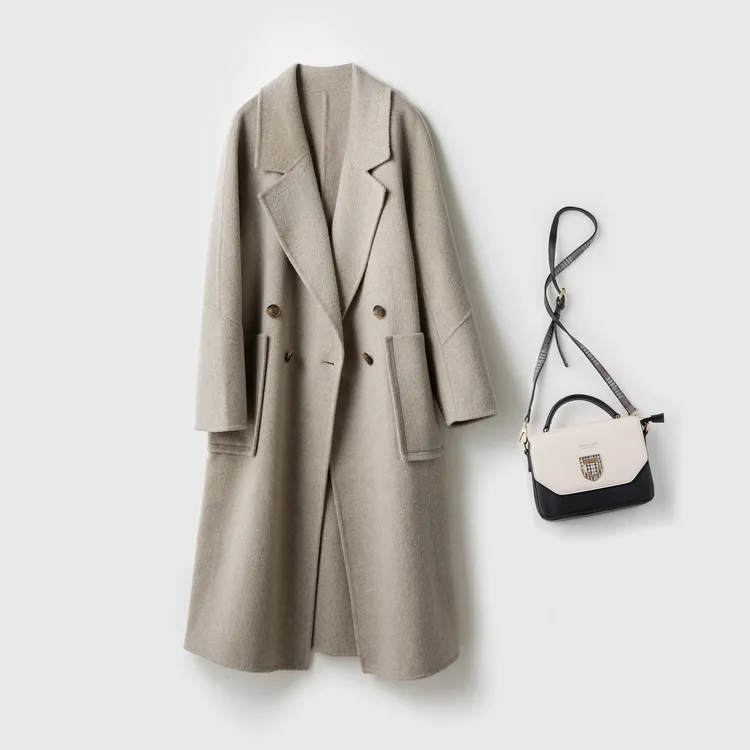 长款高端山羊绒天丝羊毛混纺双面呢大衣翻领时尚冬季设计师气质