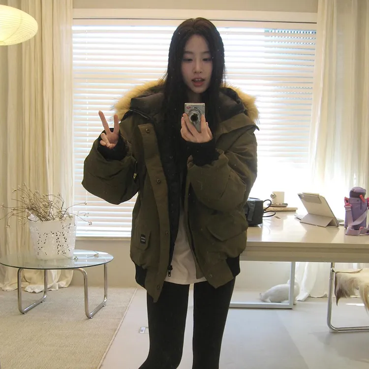 工装短款棉服女2025年冬季新款美式棉衣派克服宽松加厚大毛领外套