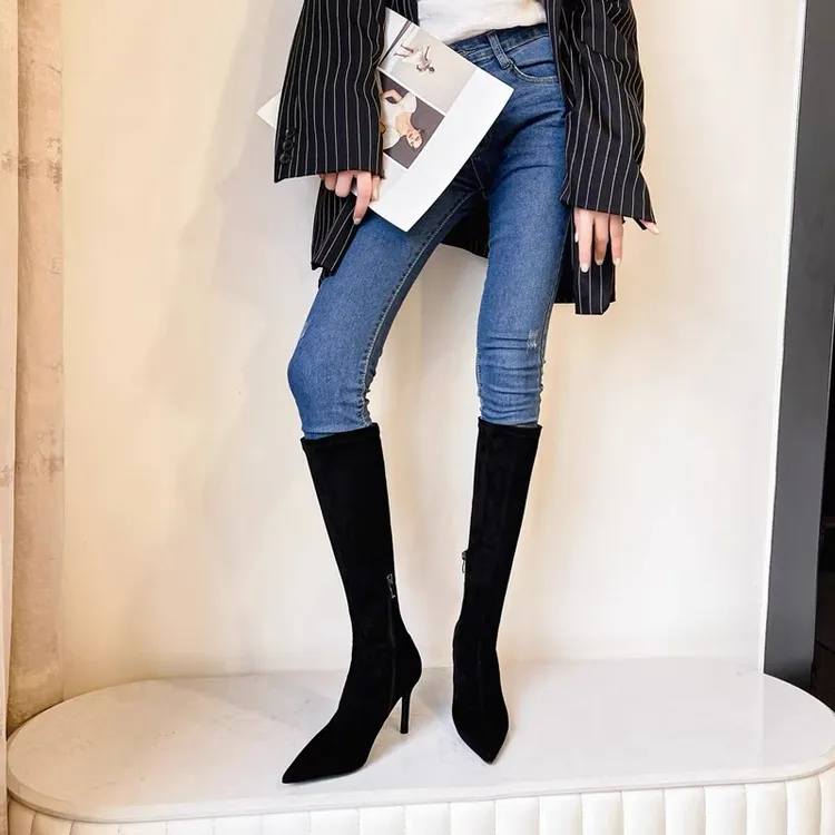 欧美2023年秋冬季新款黑色显瘦弹力靴尖头高跟长靴女细跟瘦瘦靴女