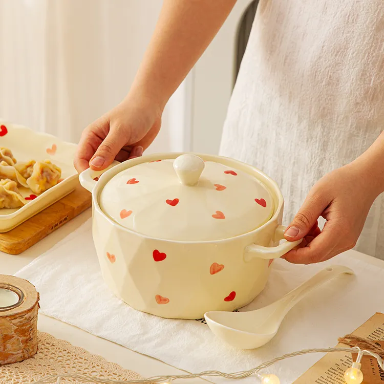 奶油风双耳汤碗家用高级感陶瓷泡面碗带盖可微波螺蛳粉碗大号汤盆