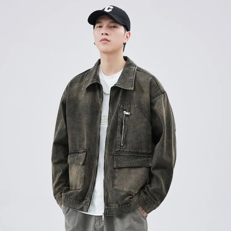 复古高级感牛仔外套男2024新款春秋季多口袋潮牌大码男士工装夹克