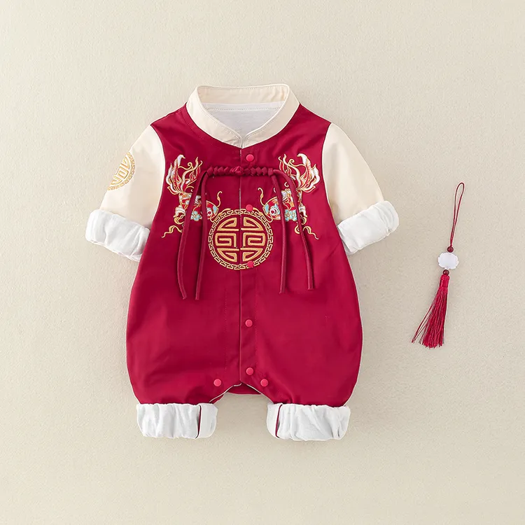 婴儿衣服秋装新生女宝宝连体衣红色满月百天哈衣春秋周岁中式礼服