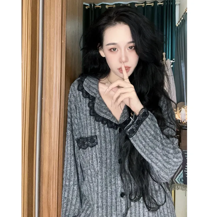 (羊密绒)保暖加厚睡衣女秋冬薄绒丝绒气质小香风女士家居服套装