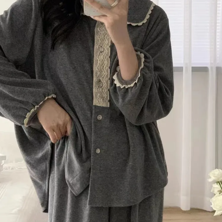 睡衣女棉春秋冬季可爱小翻领花边甜美减龄娃娃衫可外穿韩版家居服