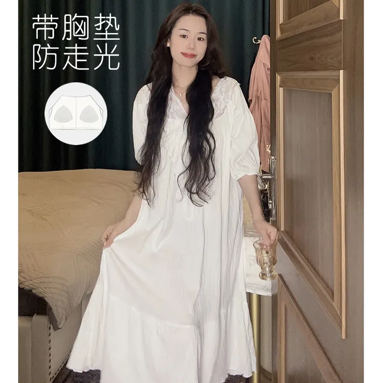 (美若天仙)(带胸垫)纯棉睡衣女夏季公主睡裙夏天宽松纯欲风设计感