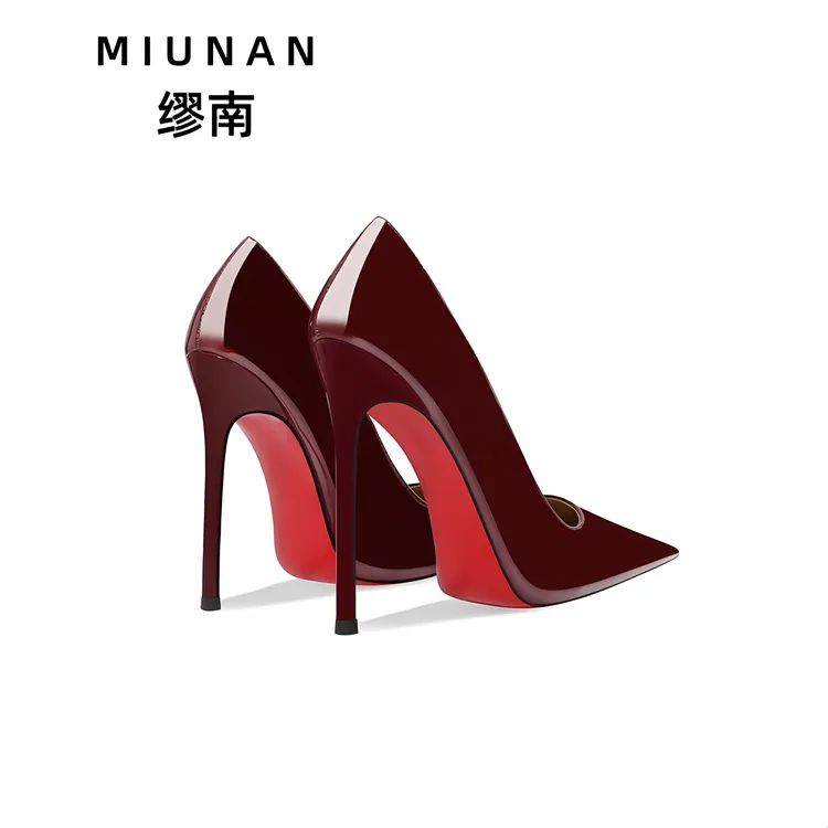 缪南气质职场高跟鞋女2025爆款洋气酒红色漆皮细跟尖头红底高跟鞋