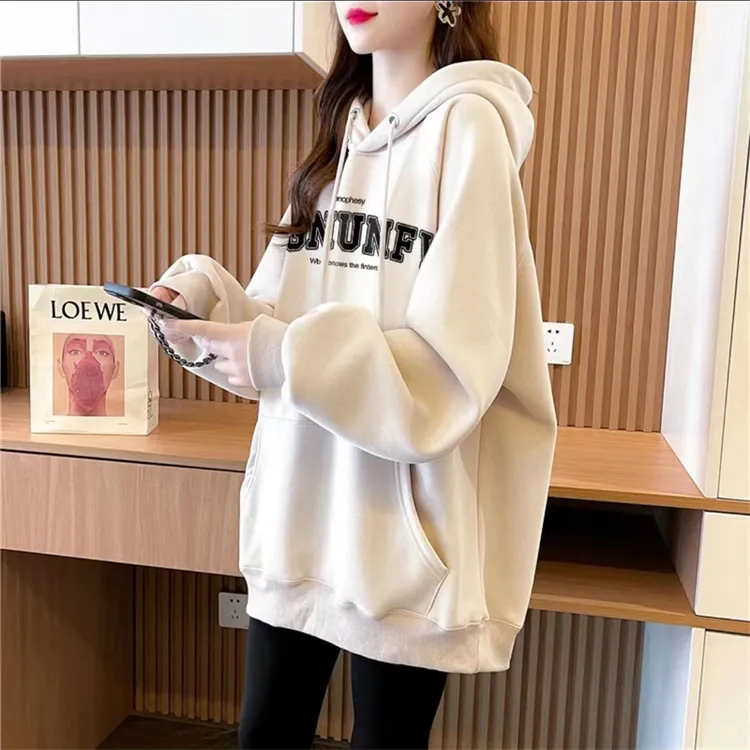 秋冬季新款加绒薄款纯棉连帽卫衣女学生长袖宽松中长款减龄上衣潮