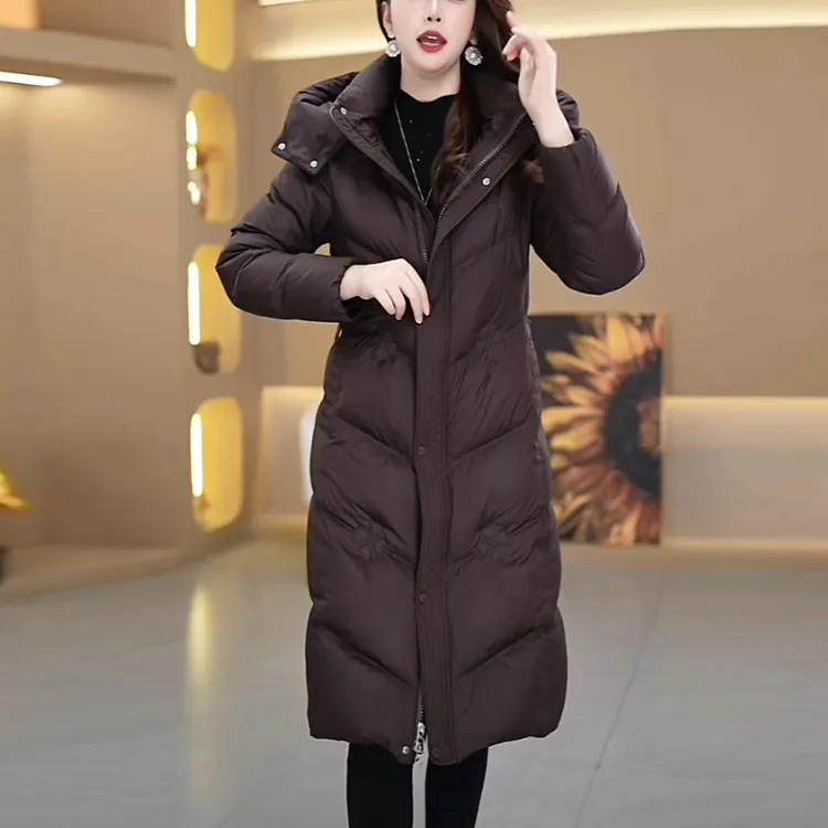 免洗白鸭绒外套2024冬季新款修身时尚中长款连帽加厚保暖羽绒服女