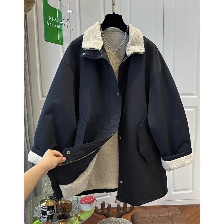 高级感黑色毛茸茸翻领中长款工装外套女加绒加厚宽松2025冬季新款