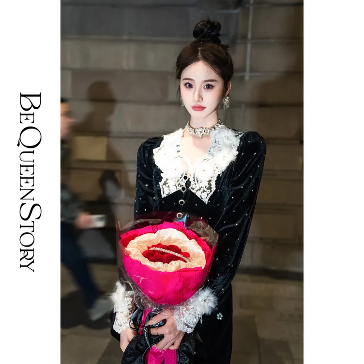 BeQueenStory【巴黎初雪】法式宫廷风蕾丝花边丝绒衬衫高贵时髦上衣