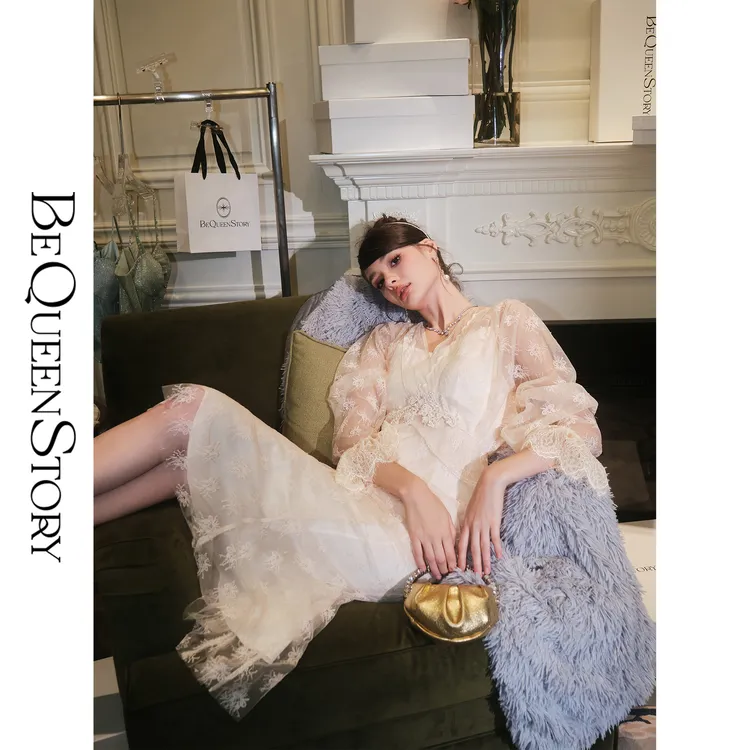 BeQueenStory【栀花清梦】富家千金蕾丝网纱长款V领钉珠连衣裙