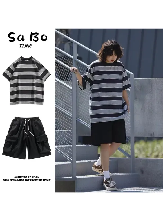 两件装/单件日系夏季潮流条纹休闲宽松短袖T恤情侣百搭潮牌五分袖