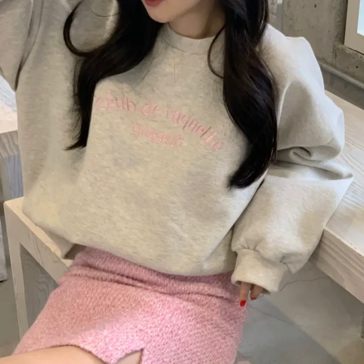 韩国chic秋季减龄复古小众宽松字母刺绣加绒加厚卫衣女百搭套头衫