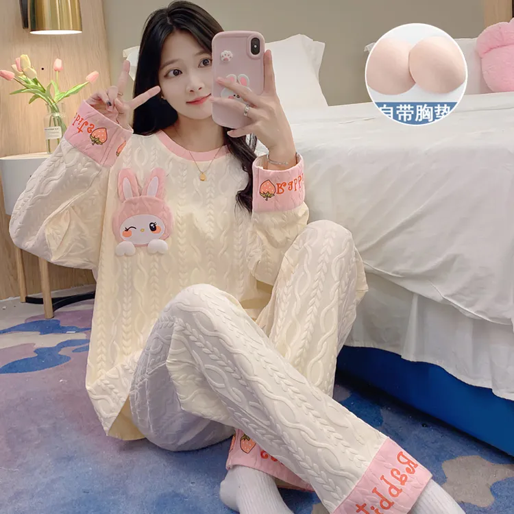 带胸垫睡衣女长袖春秋季甜美公主风宽松套装新款爆款家居服可外穿
