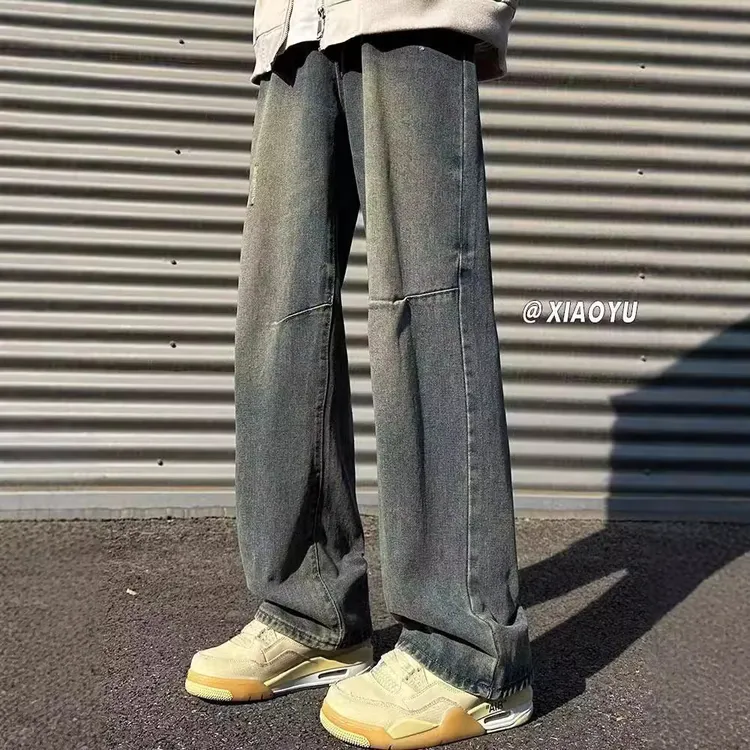 【兔久】水洗牛仔裤男美式复古拼接小众设计感宽松阔腿休闲长裤潮流