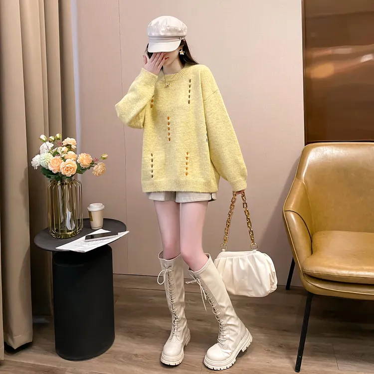 秋冬网红新款韩版宽松时尚百搭慵懒减龄设计感圆领套头针织衫女
