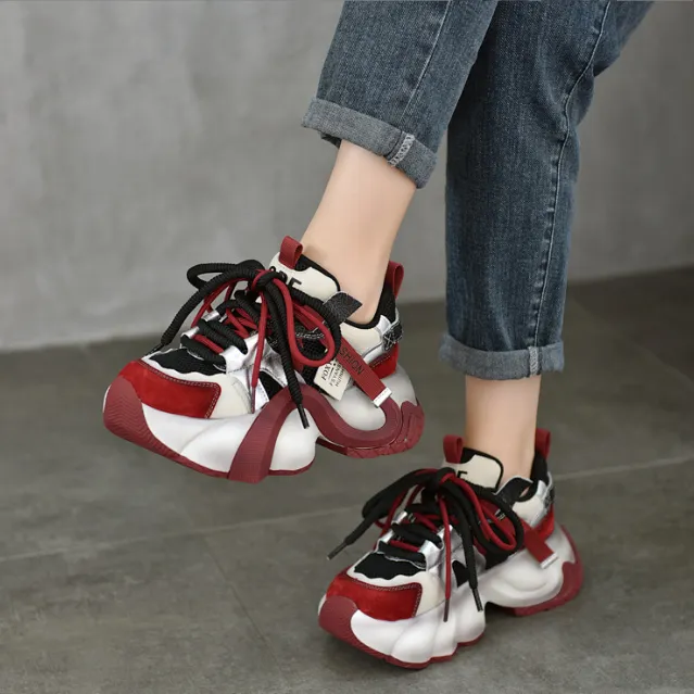 超火爆款拼色真皮老爹鞋ins潮时尚运动休闲旅游鞋秋季厚底小白鞋