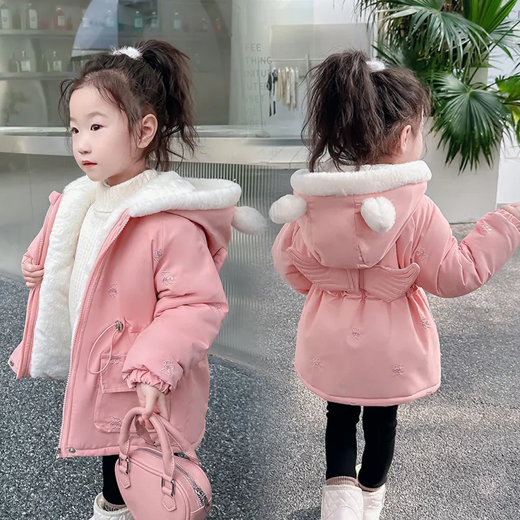 女童加绒棉服冬季中长款保暖儿童夹棉外套宝宝棉衣刺绣亮片派克服