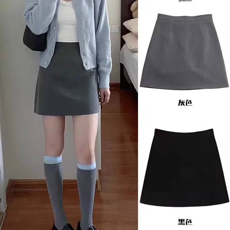 灰色高腰西装短裙女2025春夏新款防走光学院风a字百搭包臀半身裙1