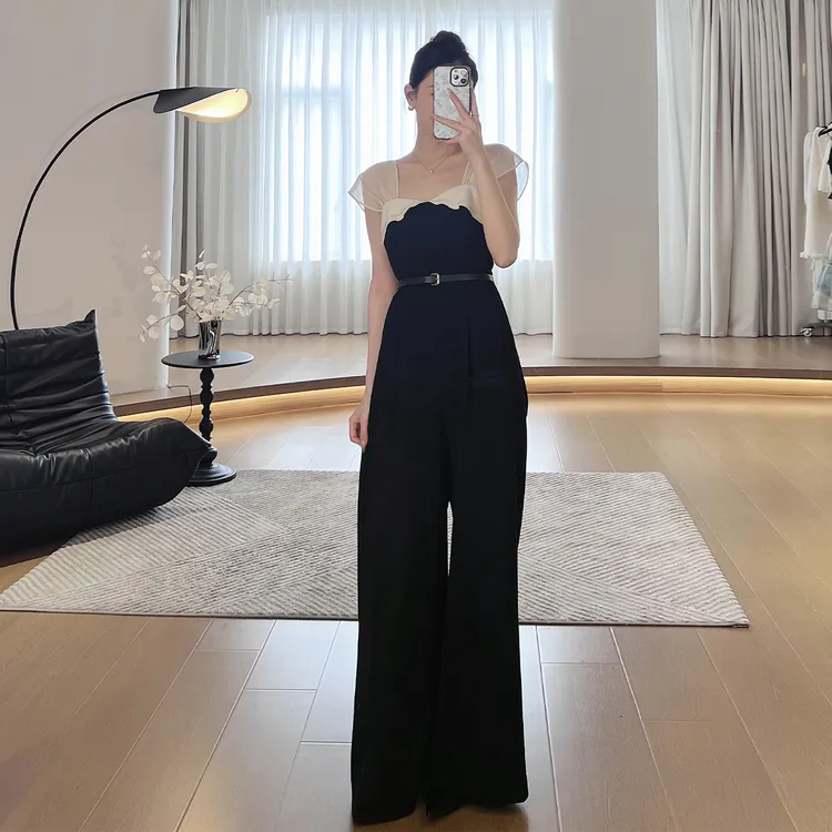 现货【微妙气氛】黑色拼接时尚连体裤高腰夏季阔腿裤LZ1202