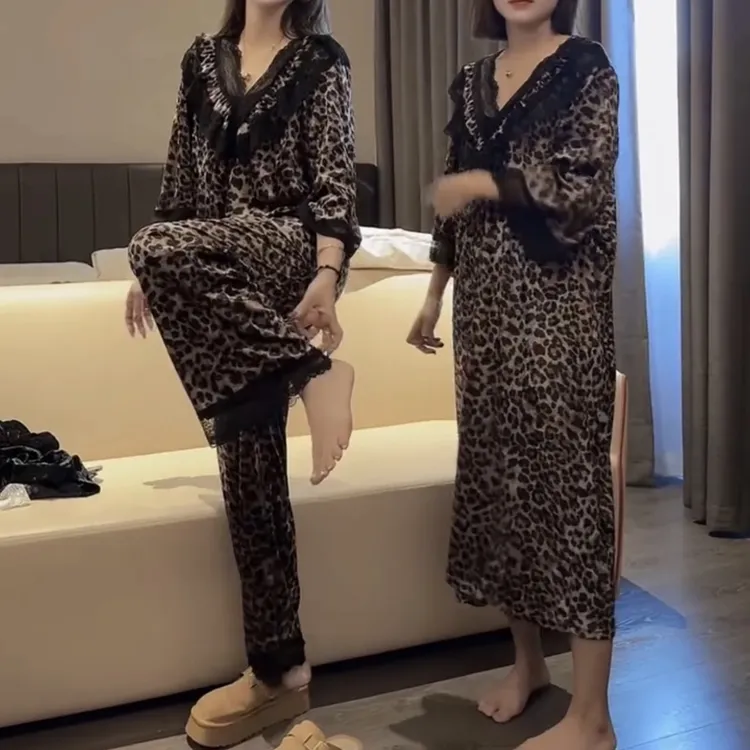 秋冬新款菲菲V领家居服睡裙睡套【实物微色差】