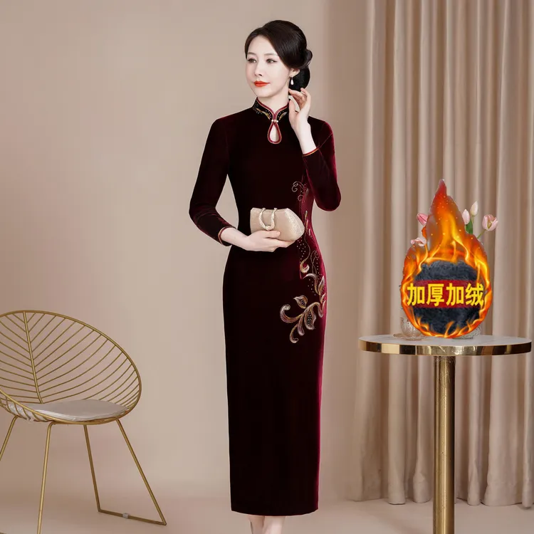 7872手绘烫钻丝绒高档洋气大码喜妈妈婚宴礼服长款喜婆婆长裙