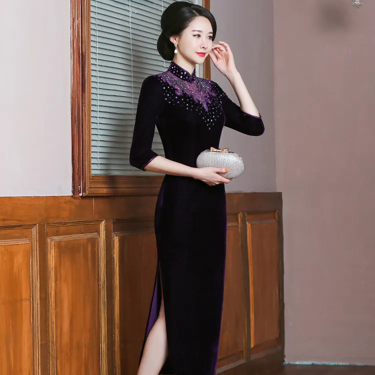 72880钉珠时尚洋气奢华丝绒改良旗袍喜婆婆婚宴妈妈春秋气质长裙