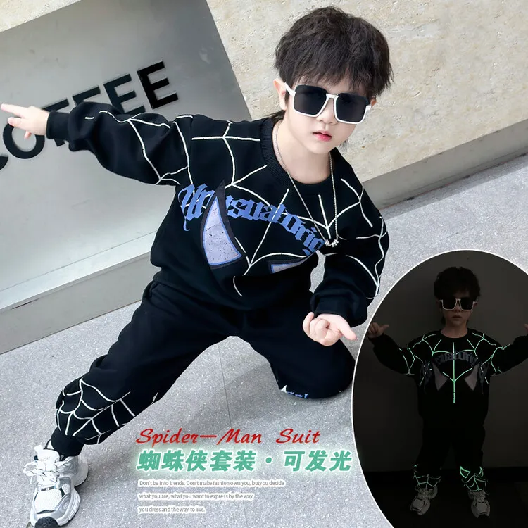 纯棉高品质套装洋气儿童新款发光两件套蜘蛛侠套装春秋卡通中大童