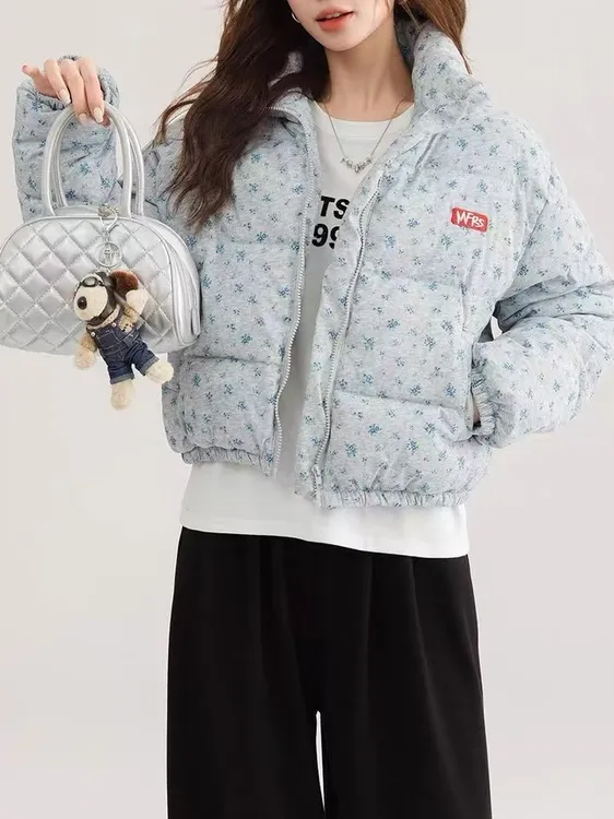 秋冬美式高级感小碎花满印棉服冬季加厚保暖棉衣