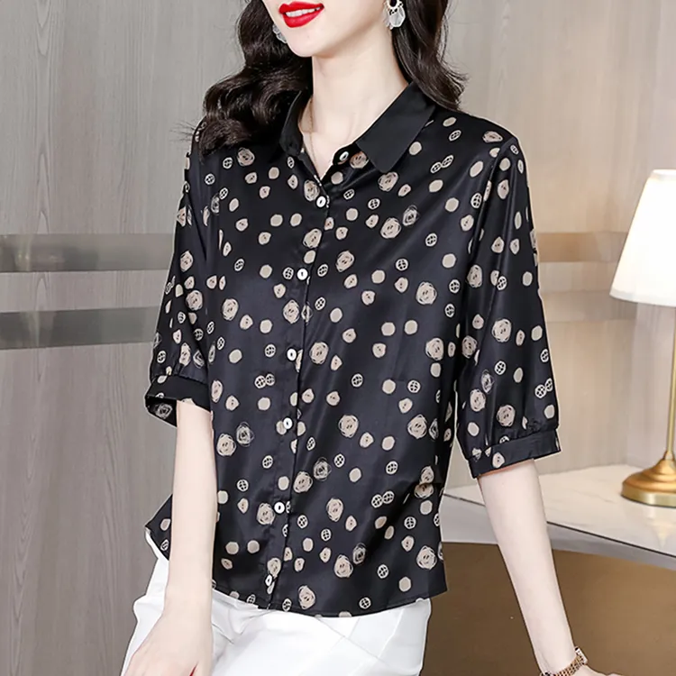中袖真 丝衬衫女夏季缎面新款时尚印花短袖上衣洋气桑蚕 丝小衫
