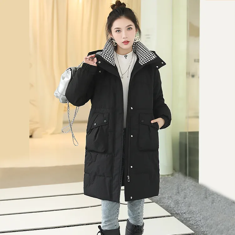 棉服女中长款2025新款连帽立领加厚韩版宽松长款过膝棉衣冬装外套