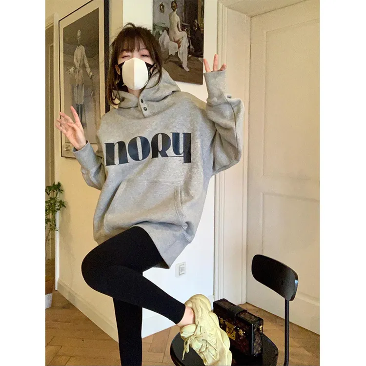灰色中长款连帽遮屁股卫衣加绒加厚保暖女装新款秋冬季时尚百搭