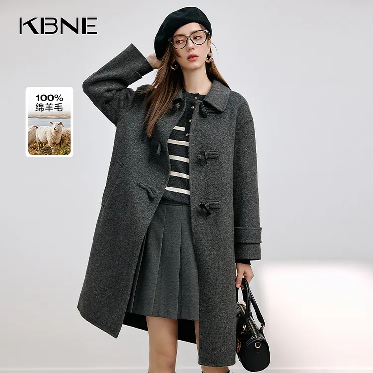 KBNE羊毛大衣外套女款爆款2025新款格雷系牛角扣中长款赫本风大衣