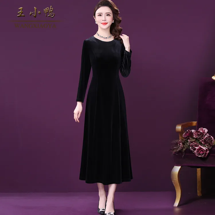 王小鸭W-XY-6901Z春秋妈妈宽松连衣裙新款气质长袖法式A字裙洋气