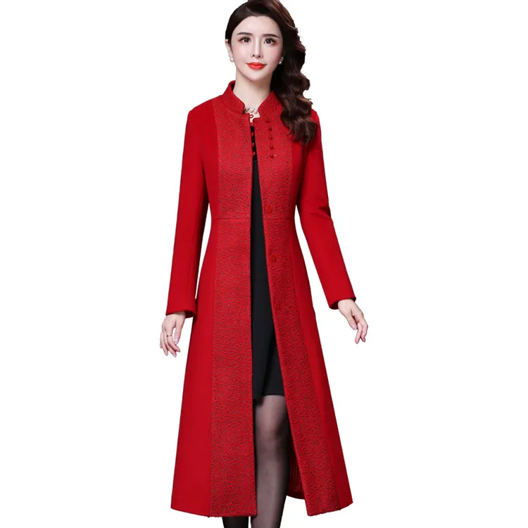 王小鸭W-XY-189WSW气质保暖冬新款修身洋气重工刺绣过膝羊毛大衣